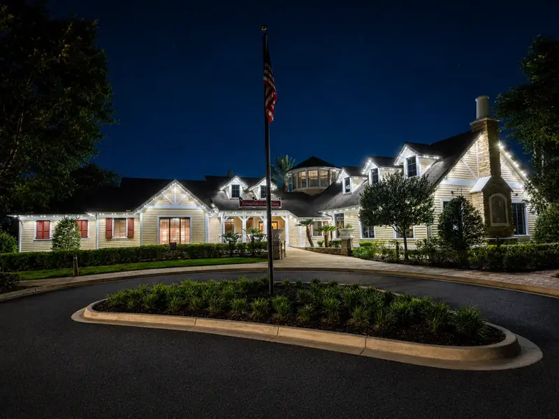 Rolling Hills community center with white roofline lighting installed by Glow Bug.